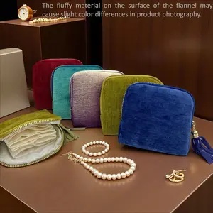 Travel Jewelry Bag with Zippered Pocket, Portable 6 Compartments Jewelry Organizer, Soft Velvet Satin Lining Storage Pouch, Tassel Zipper Design for Rings Necklaces Bracelets