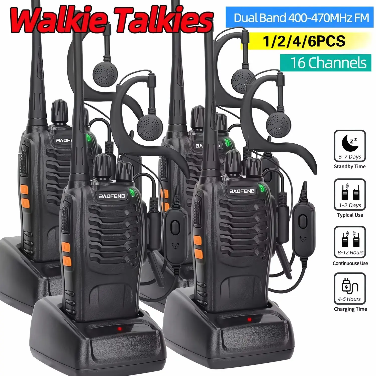 1/2/4/6pack BAOFENG Walkie Talkies | Rechargeable Handheld Two-way Radios with Earphones, 16 Channels, Long-range Communication, Suitable for Camping, Hiking, Hunting, Outdoor Activities, Non-water Resistant, UHF Technology