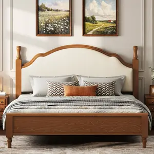 Queen Size Platform Bed with Upholstered Headboard, Wood Bed Frame with Slats, No Box Spring Needed, Brown Frame+Beige Fabric