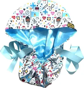 St. Lucian-Themed Satin-Lined Nurse Cap Pink Heart Edition with St. Lucian Flag & Medical Symbols Lightweight Cotton Exterior Adjustable Tie-Back Straps for Secure Fit