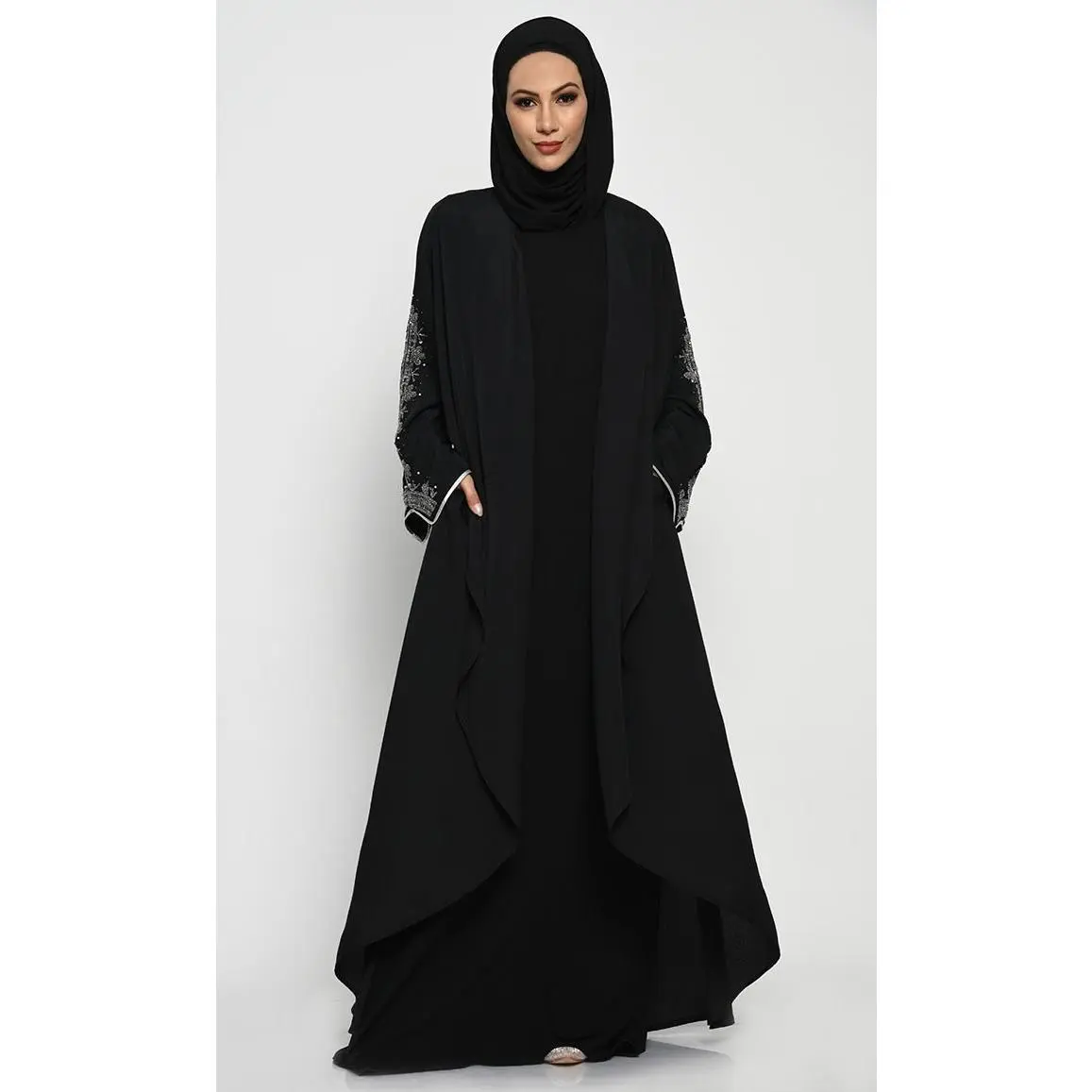 Chic Layered Crepe lined Abaya with Embroidered Bell Sleeves