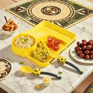 3-Piece Children's Tableware Set - Car-Themed Divider Plate, Fork, and Spoon - Fun Dining Solution for Kids with Bright Yellow Color and Car Flags-Colorful tableware Set