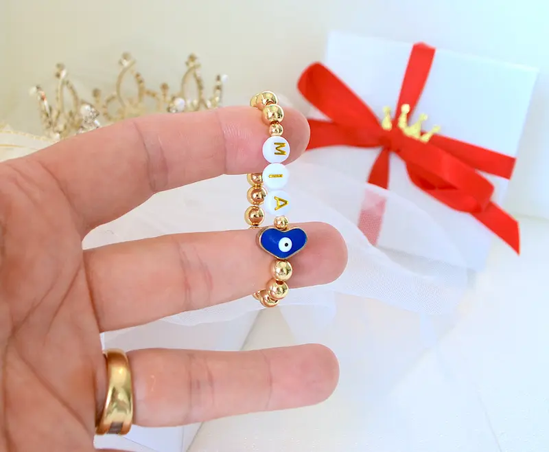18K Gold Evil Eye Heart Baby Bracelet | Personalized Baby Girl Gift