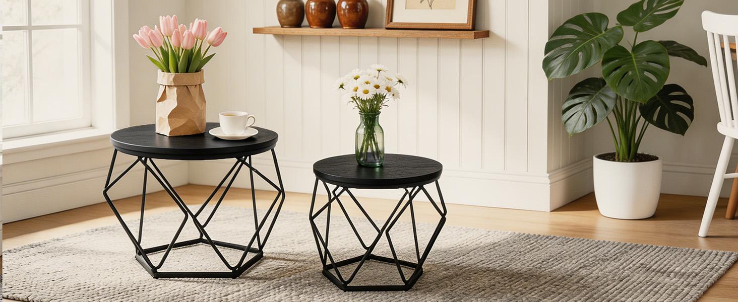2-Piece Small Round Nesting Coffee Table Set with Steel Frame - Side End Table for Living Room, Bedroom