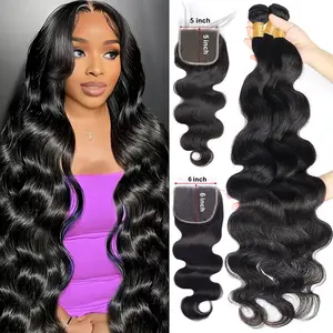 Body Wave 6x6 5x5 Lace Closure With Bundles 12A Unprocessed Human Hair Extension 3/4 Deal Natural 100% Remy For Black Women 14-32 Inch