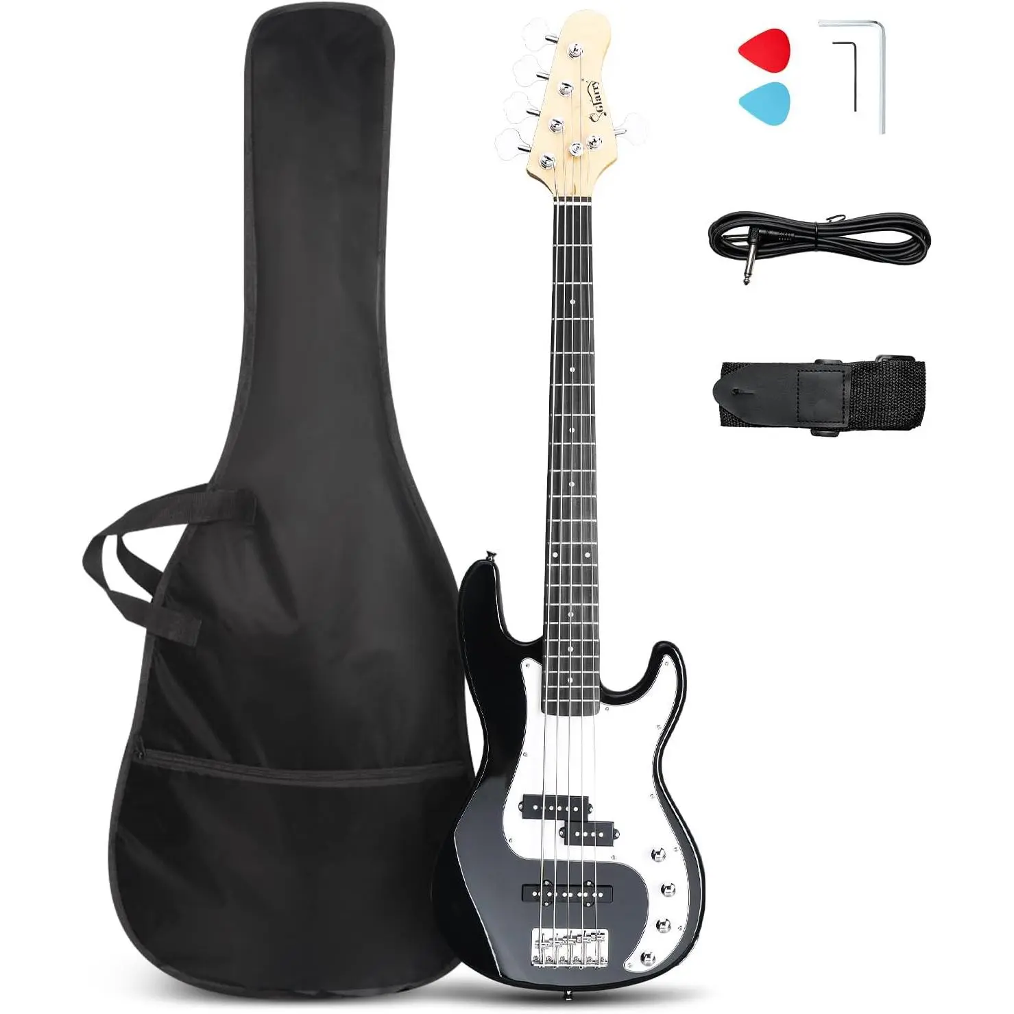 Glarry 5-String Full-Size Right-Handed Electric Bass Guitar with Rosewood Fretboard, Strap, Amplifier Cord, Pick, and Portable Guitar Bag, Amp Cord