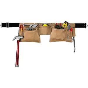 Heavy Duty Contractor-Grade Suede Leather Work Apron, 2 Steel Hammer Loops, 12 Pockets, Tan , Brown