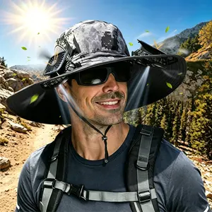 2026 New Wide Brim Solar Power Fan Hat for Adults, Male Outdoor 2-Fan Hat with 3-Speed Adjustment, Waterproof for Fishing, Hiking, Male Gifts