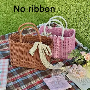 Plastic Woven Picnic Basket, Handbag Gift Packaging, Ladies Imitation Rattan Bag, Bath Hamper, Portable Handle Design