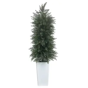 5FT Artificial Topiary Tree with Tall White Planter, Beautiful Realistic Faux Cedar Pine for Front Porch, UV Rated Fake Shrub for Indoor & Outdoor Home Decor - 1 Pack