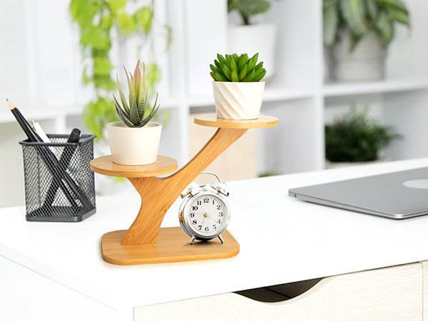 3-Tier Bamboo Succulent Planter Set - Aesthetic Desk Plant Stand Gift with 3 Ceramic Pots