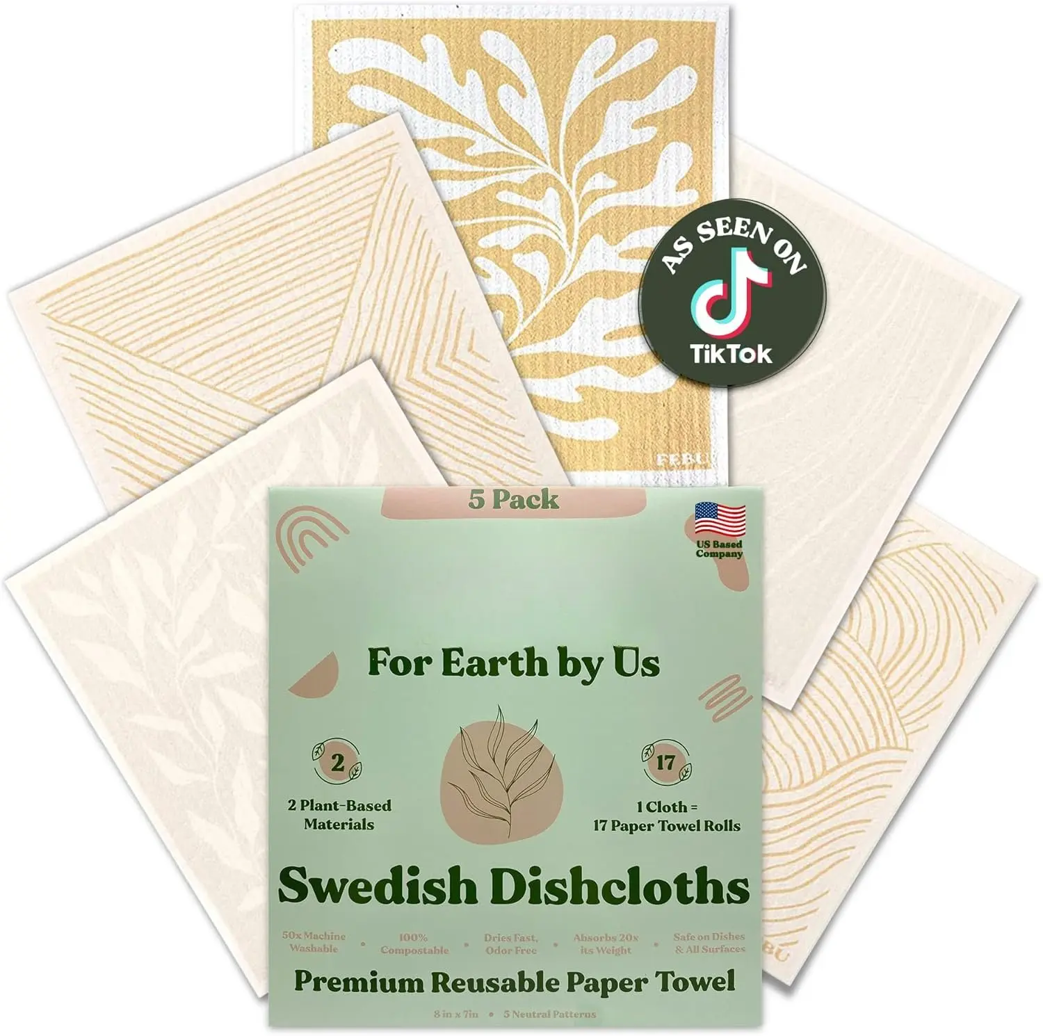 Swedish Dishcloths for Kitchen | 5 Pack Neutral  Paper Towels Washable | Swedish Dish Towels | Non-Scratch Cellulose Sponge Cloths | No Odor, Biodegradable Cleaning Cloths