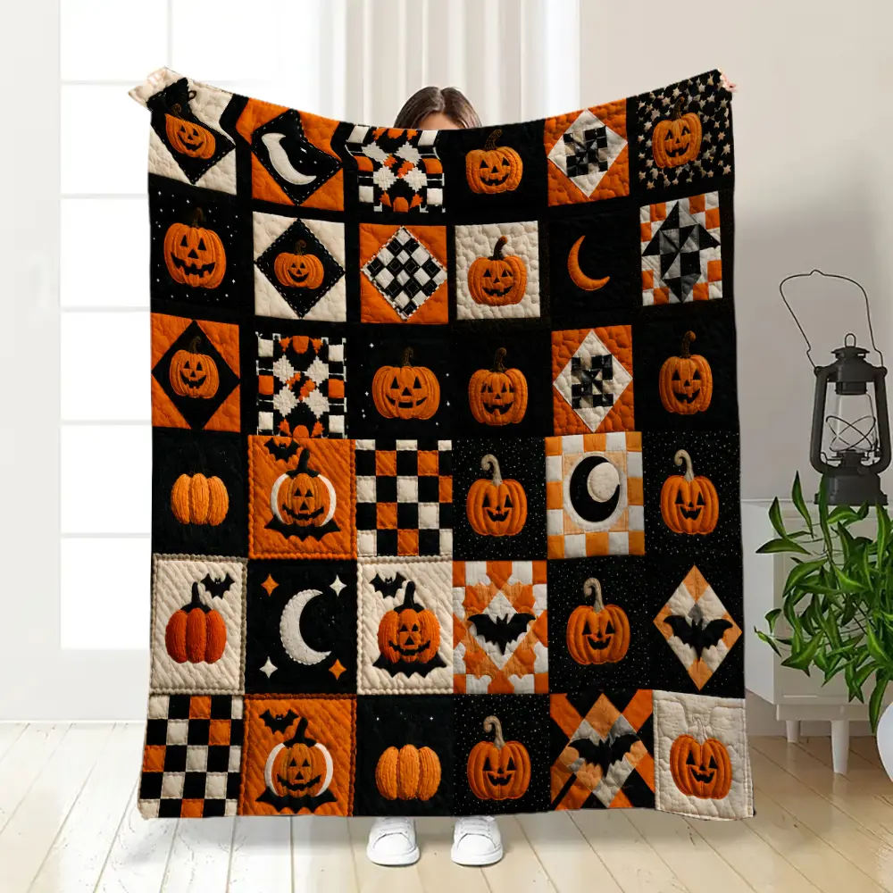Modern Farmhouse 6x6 in Quilt Patch Halloween Festive Throw Blanket - Soft Touch, Black/Cream/Orange Farmhouse Mix, Jack-o'-Lantern, Crescent Moon, Bat, Buffalo Check, Argyle Flannel Fleece Blend, Kid-Friendly, All-Season Fall Bedroom Decor Gift
