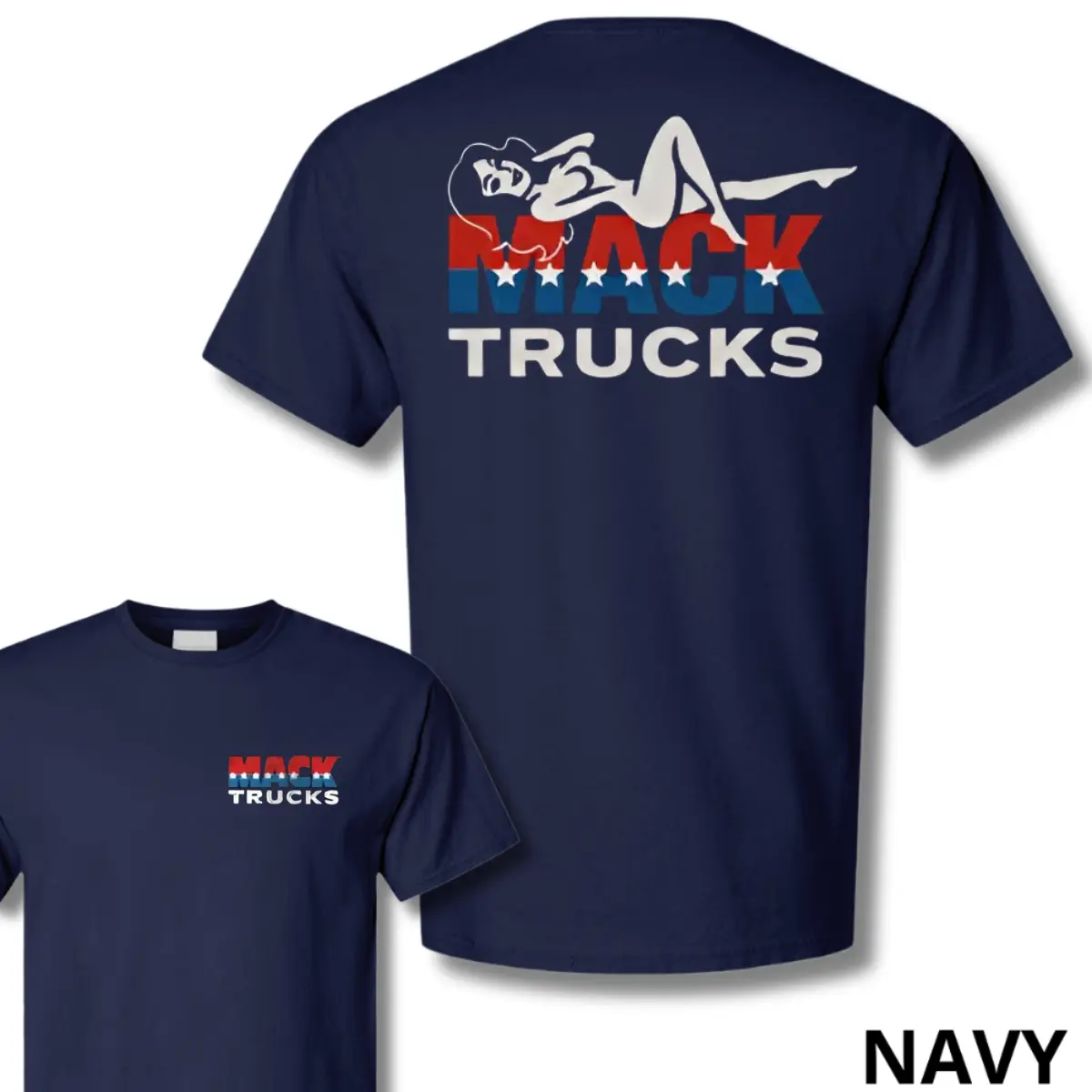 Mack Trucks Pin-Up Girl T-Shirt, Vintage USA Flag Graphic Tee, Soft Cotton Blend Shirt, Classic Automotive & Trucking Lifestyle Apparel for Men & Women, Trucker Gift Idea