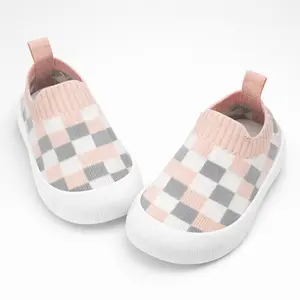 Baby First Walker Shoes, Check Pattern Knit Sock Shoes with Non-Slip Sole for Infants and Toddlers