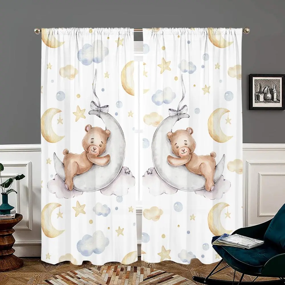 Cartoon Bear Moon Star Cloud Pattern Curtain, 2 Counts/set Cute Window Curtain, Home Decorative Curtain for Bedroom, Living Room, Kitchen, Wardrobe, Study