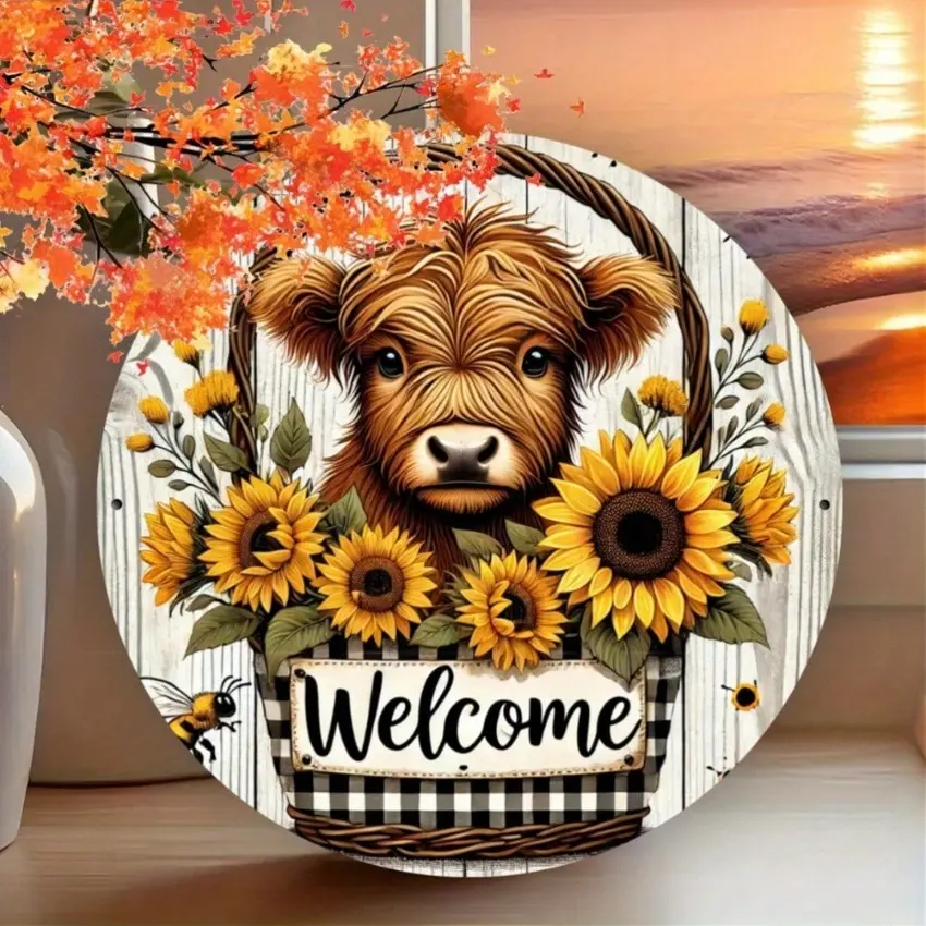 Aluminum Sunflower and Highland Cow Welcome Sign Farmhouse Style Rustic Farmhouse Design Wall Decor Home Decor Products for Home Hotel Restaurant Bar Outdoor