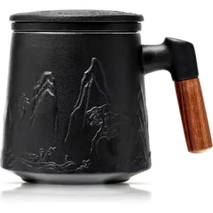 Ceramic  Cup with Infuser and Lid, Gradient Embossed Large  Mug Wooden Handle for Steeping Loose Leaf,  Lover Gifts 15.2 oz / 450 ml,Matte Black