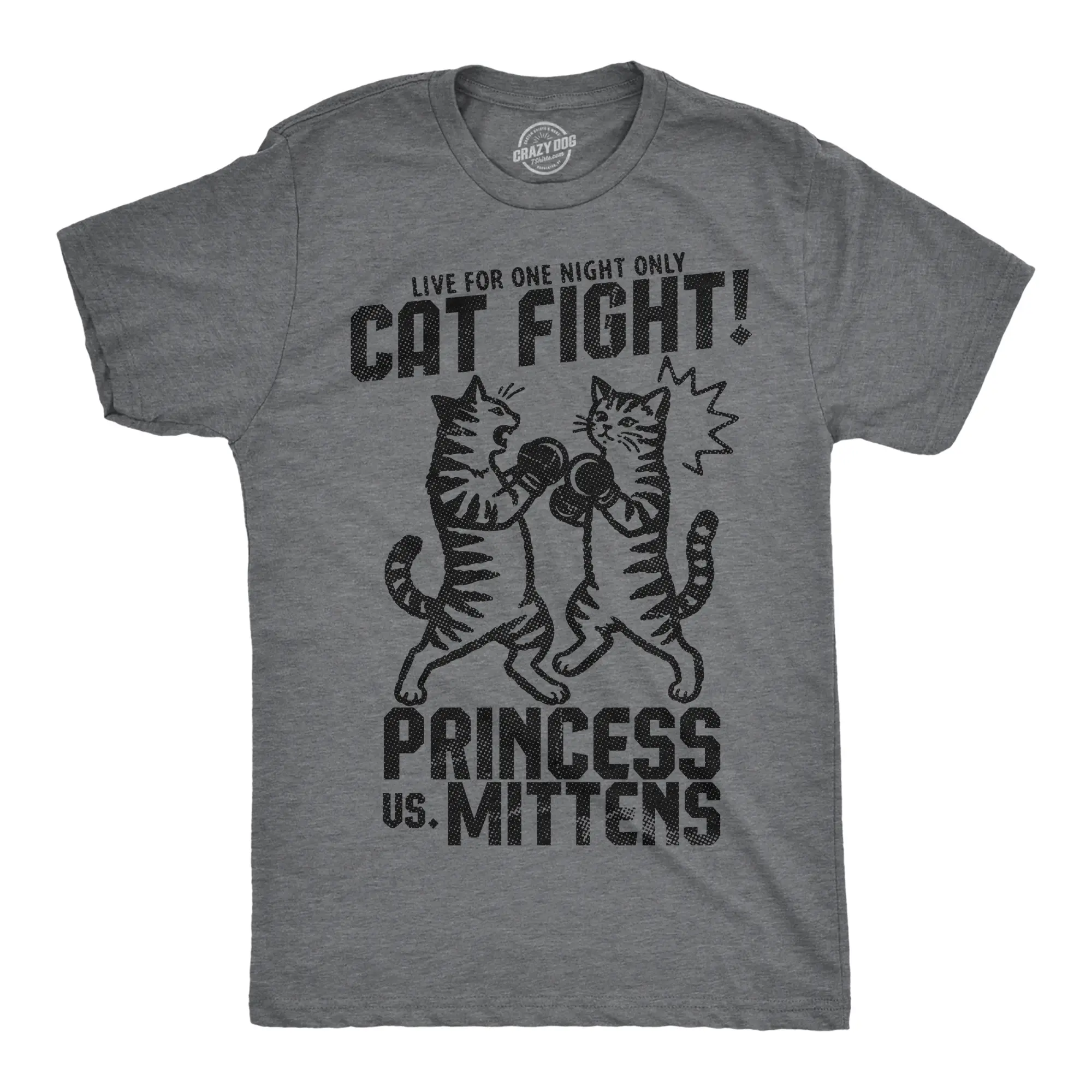 Mens Funny T Shirts Cat Fight Princess Vs Mittens Sarcastic Boxing Match Tee For Men Mens Funny T Shirts Cool Vintage Fashion T-Shirt Gift Classic Menswear Funny Cat Short Sleeve Novelty Tees for Guys Dark Grey