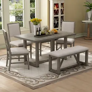6-Piece Retro Dining Table Set for 6, 60" Wood Kitchen Table and Chairs Set of 4 with Bench Designed Trestle Base for kitchen & Dining Room (Gray)