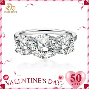 Delzzad Three Stone Prong Engagement Ring Round Cut VVS Synthetic Moissanite Ring Band S925 Christmas Gift