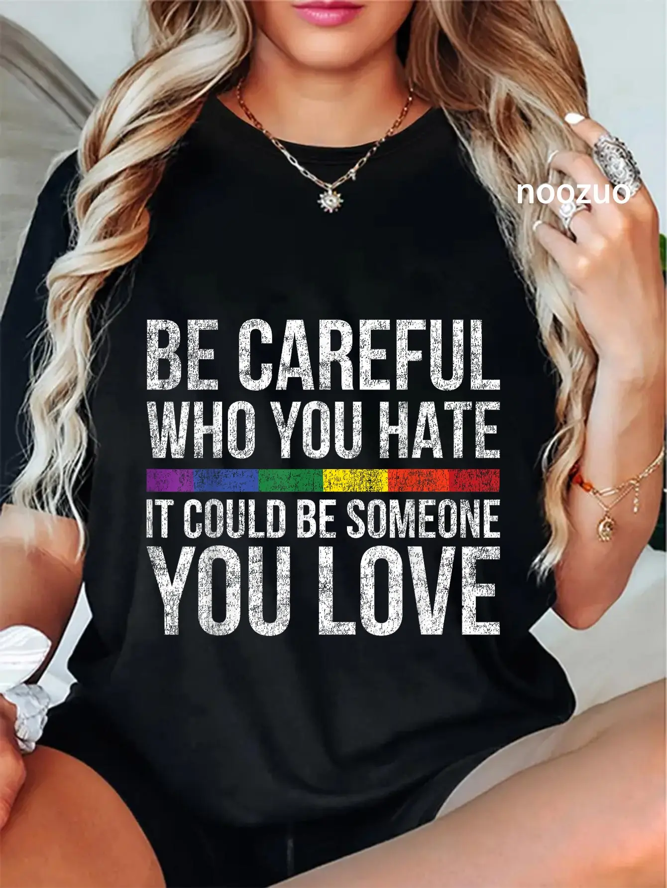 Women's Vintage Graphic T-Shirt - Casual 100% Cotton Short Sleeve Crew Neck Tee with 'Be Careful Who You Hate' LGBT Pride Slogan, Shortsleeve, Tshirt