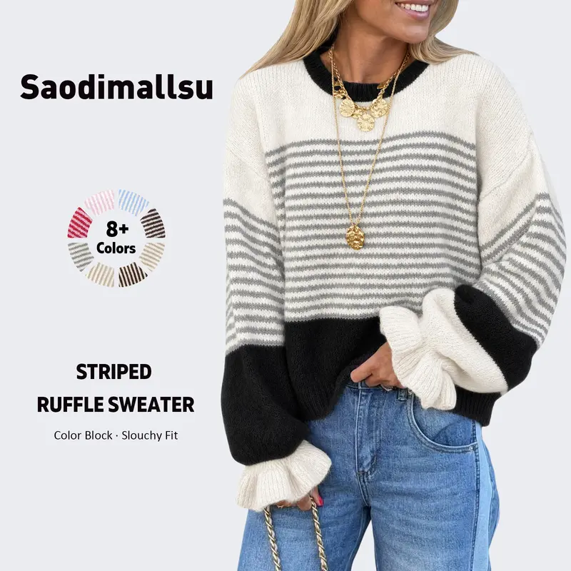 Saodimallsu Women's Striped Knit Sweater - Ruffle Cuffs, Long Sleeve, Medium Length, Color Block, Slouchy Round Neck, Preppy Look, Fall Trendy, Machine Washable Casual Longsleeves Top, Sweaters for Women
