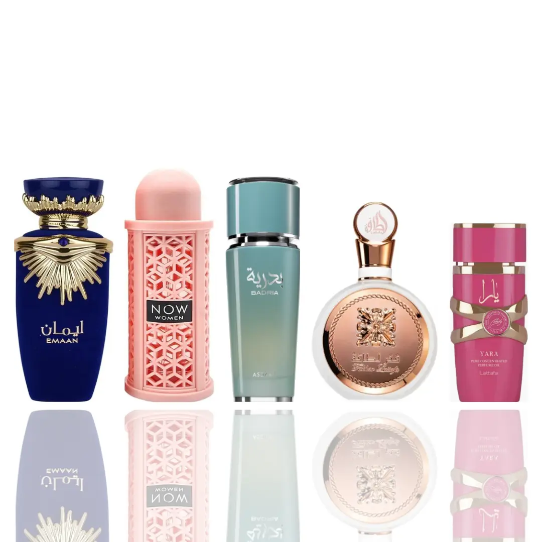 Lattafa Unique Female Multi-Fragrances Bundle Set - Emaan, Now Pink, Badria, Fakhar, Yara Candy 20ml Multiple Scents 5-Piece Collection, Amber Vanilla Patchouli, Perfume Original Set