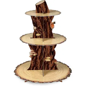 P-PSD014  Wooden Cupcake Stand Woodland Baby Shower Decoration 3 Tier Wood Rustic Birthday Party Cardboard Tree Cake Holder Tower for Jungle Animal Lumberjack Safari Forest Party Supplies(Wood Piles) Fairy Door