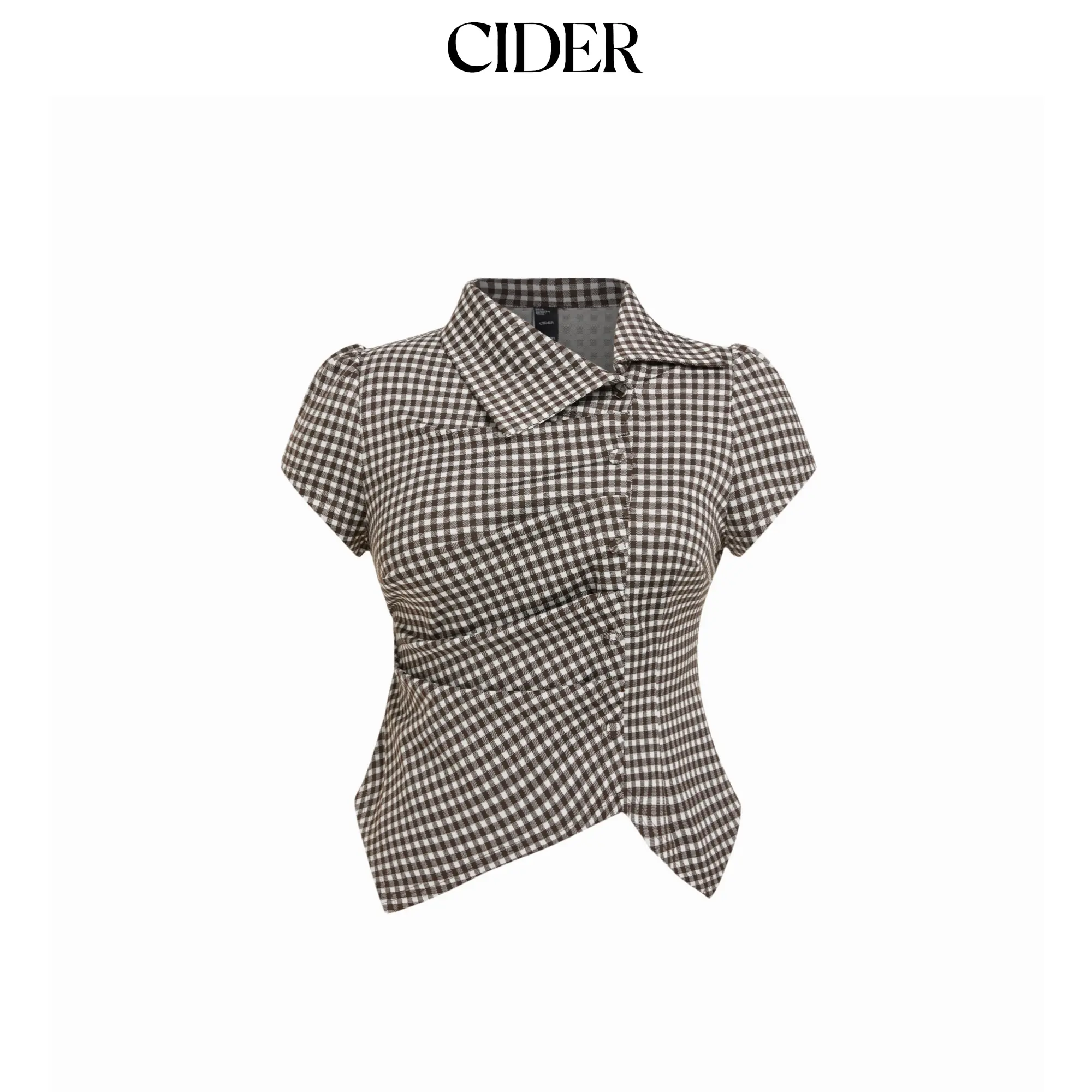 Cider Curve & Plus Casual Gingham Plaid Knit Blend Blouse with Short Puff Sleeves and a Ruched Asymmetrical Hem, Shortsleeve, Medium Length, Pull-On Close