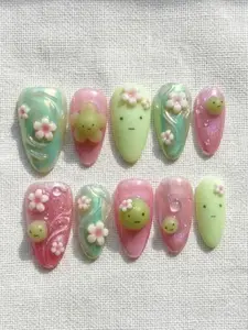 Smiski Press On Nails, Jelly Pink Green Flower Art, Kawaii Cartoon Character False Nail