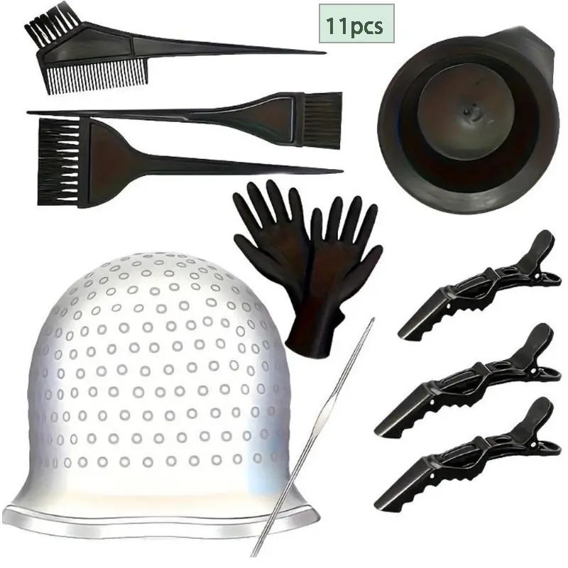 11pcs Hair Dye Tool Set, Home Salon Use, Hair Coloring, Includes Gloves, Brush, Comb, Clips, Reusable Cap with Hook, Multi-Color Dyeing Accessories, Hair Dye Comb