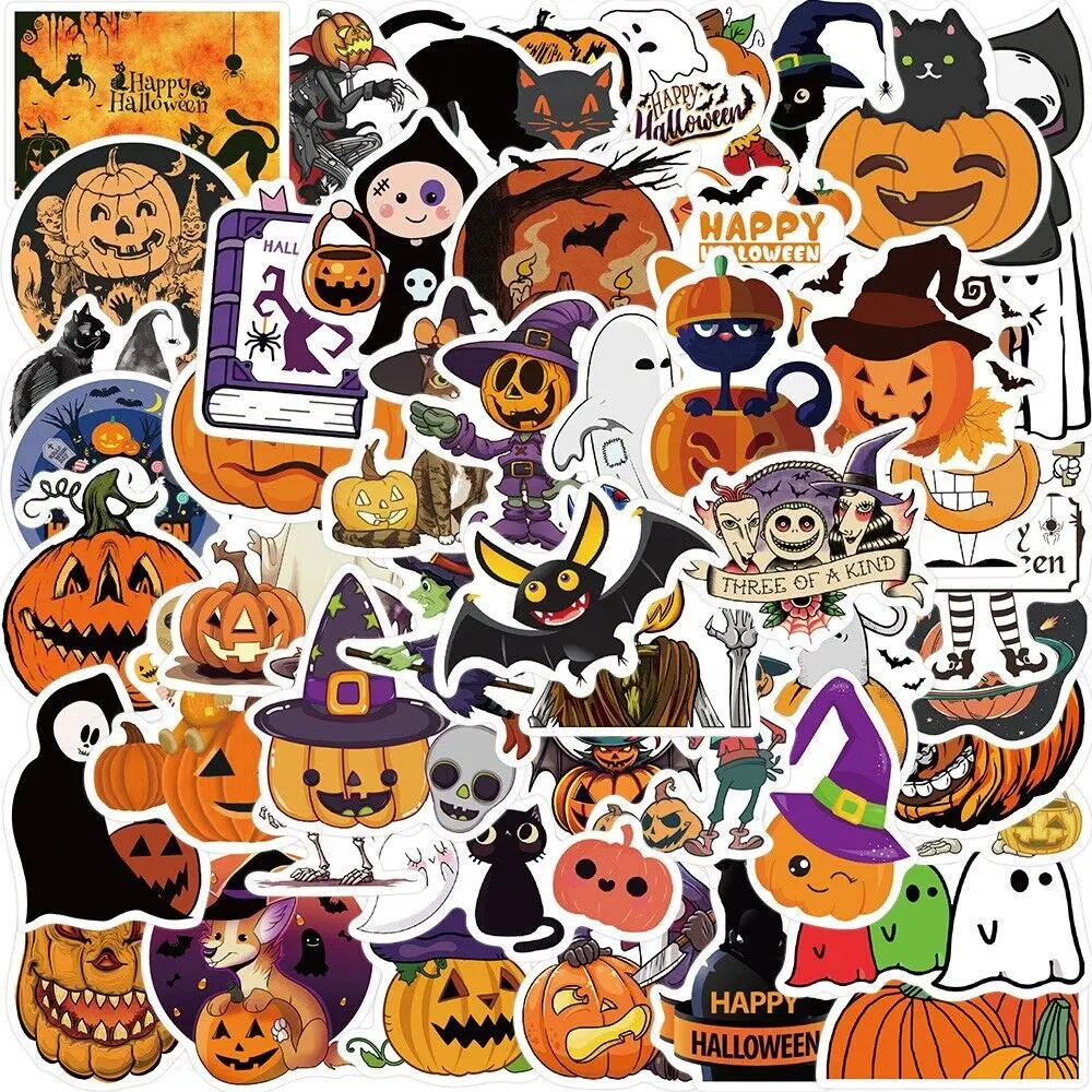 50 Pcs Halloween Pumpkin Stickers - Vinyl for Laptop, Luggage, Skateboard & Car - Ideal for Halloween Decor & Street Art