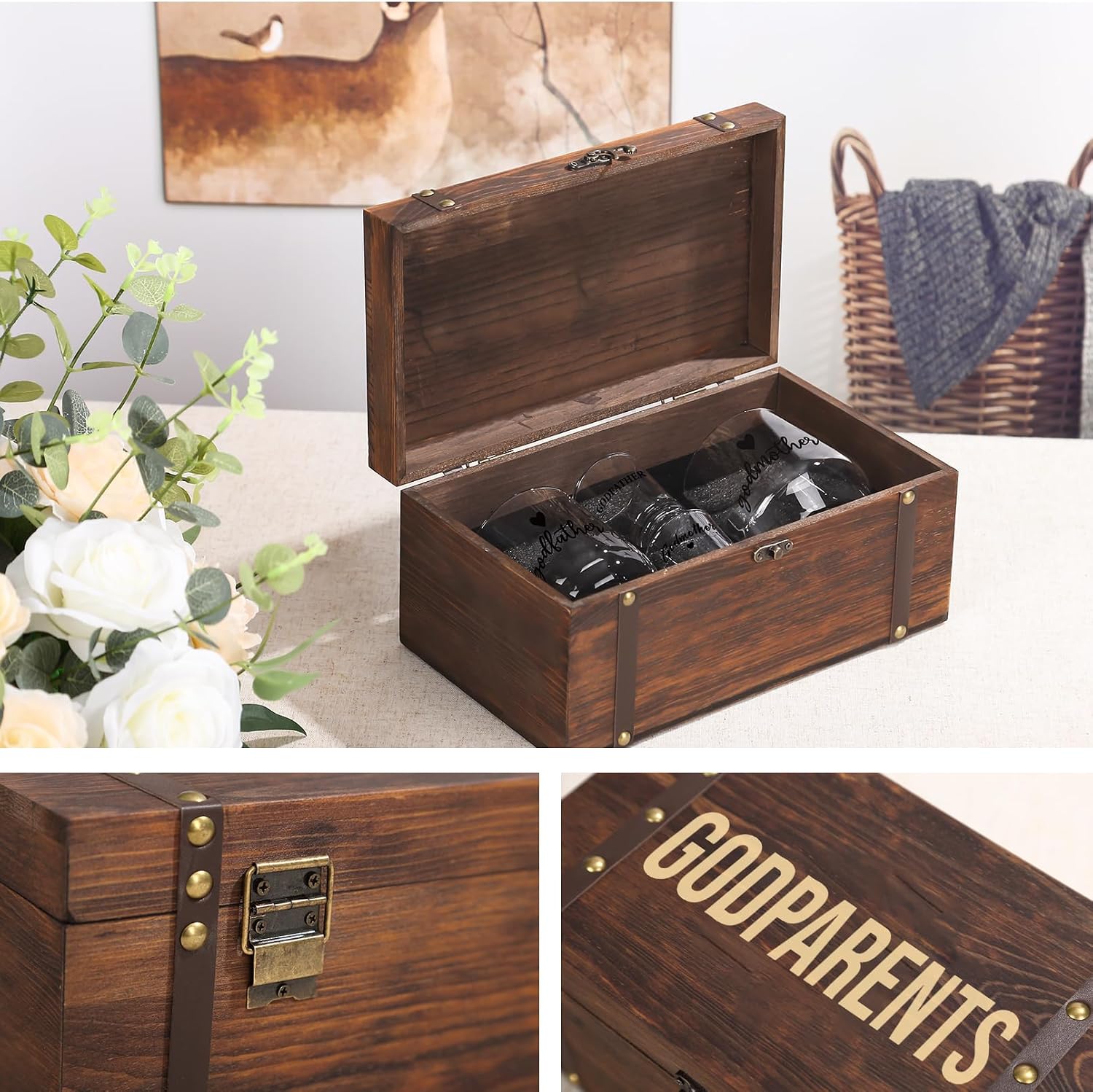 Physkoa Godparents Proposal Gift Box – Wine, Whiskey, and Shot Glass Set in Keepsake Wood Box – Will You Be My Godparents Gift for Baptism or Christening – Est. 2026 Present for Godmother & Godfather