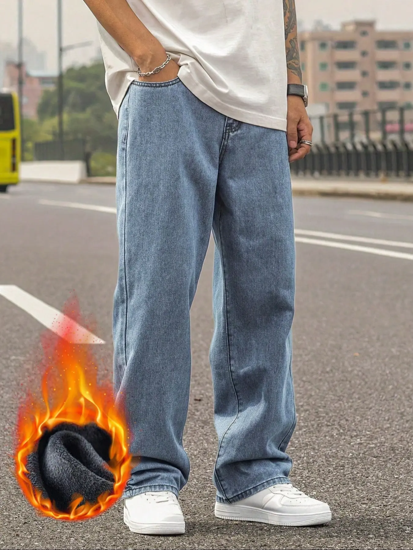 Men's Loose Fit Light Color Washed Thick Warm Fleece Denim Jeans Pants, Fall Winter Streetwear Fashion, Zipper Fly, Natural Waist, All Seasons