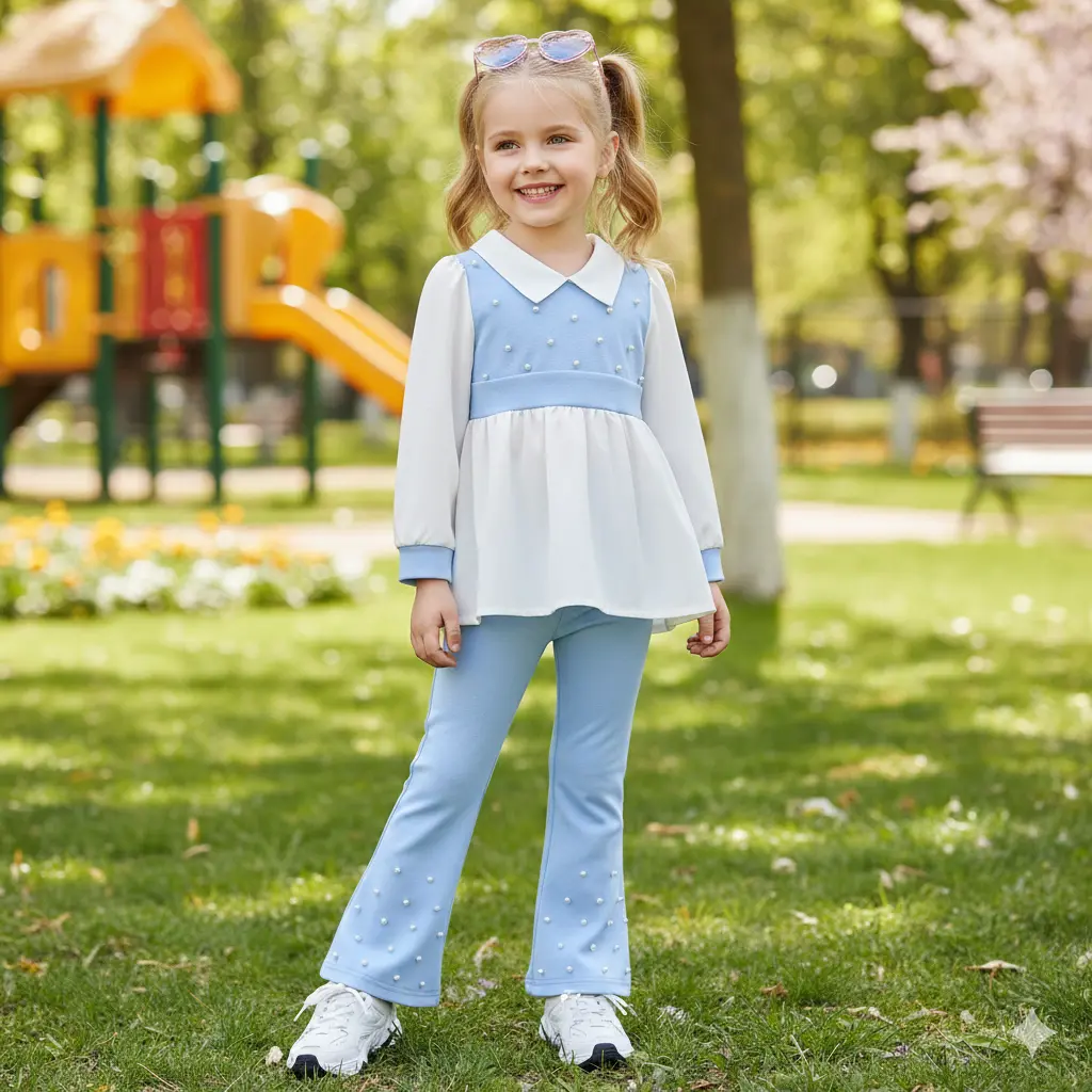 Girls' Bow Design Long-Sleeved Clothing Set - Soft Polyester Fabric, Breathable, Fashionable, All Seasons Cozy Home Tracksuit for Casual Play & Special Events, Girls Clothes