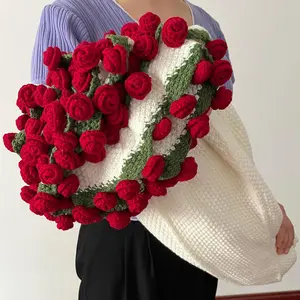 99 Flowers Mother's Day Crochet Romantic Red Rose Floral Blanket Handmade Knitted Bed Flower Bouquet Throw Gift for Mother's Day Birthday Home Decor(43.3in)