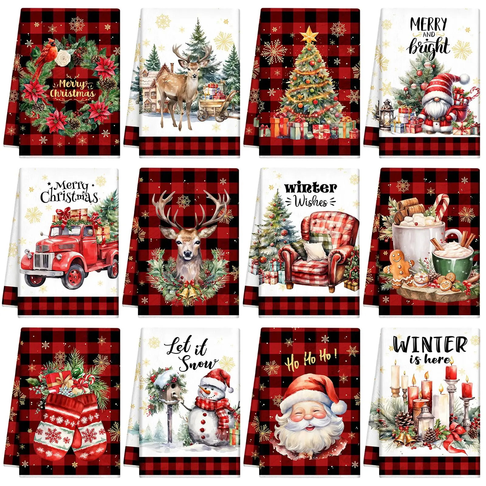 12 Pcs Christmas Kitchen Towels Absorbent Microfiber Xmas Hand Towels 21x14inch Plaid Holiday Dish Towels Santa Clause Gingerbread Reusable Dish Cloth for Dishes Drying Washing Kitchen Decor Home Decor