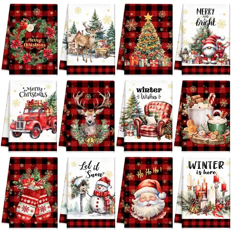 12 Pcs Christmas Kitchen Towels Absorbent Microfiber Xmas Hand Towels 21x14inch Plaid Holiday Dish Towels Santa Clause Gingerbread Reusable Dish Cloth for Dishes Drying Washing Kitchen Decor Home Decor