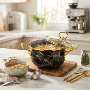 Black Marble Pattern Stockpot with Lid, 1 Count Double Ear Ceramic Soup Pot with Handle, Large Capacity Cooking Pot for Home Kitchen