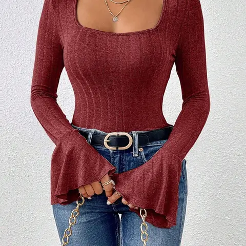 Women's Plain Solid Ruffle Trim Flounce Sleeve Tee Tops, Elegant Square Neck Long Sleeve Casual T-shirt for Spring & Fall, Women's Clothing for Daily Wear Everyday, Casual Basic Top