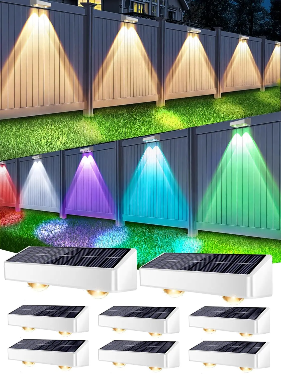 Brizled White Solar Fence Lights Outdoor, 11 Modes & 9 Color Changing Solar Wall Lights, 100 Lumens IP65 Waterproof Outdoor Deck Lighting for Railing Wall Fence Poolside, 8 Pack