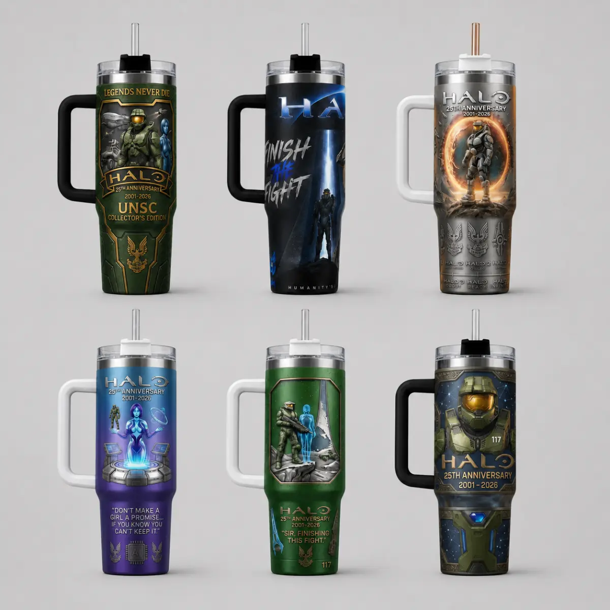 Halo 25th Anniversary Tumbler with Handle, Reach Noble Team, Double Wall Master Chief 40oz Insulated Travel Mug, Stainless Steel Cup , UNSC Cortana Arbiter Game Timeline Fire Design Gift vacuum flask lid