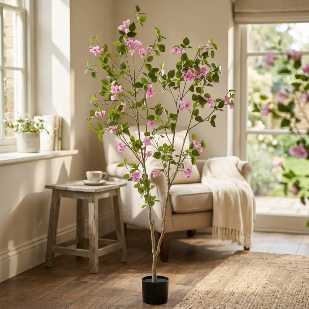 Littleox 6FT Artificial Bougainvillea Tree with Black Plastic Pot, Realistic Fake Flowering Tree for Indoor Home Office Decor, Potted Faux Plant, 1pc/set