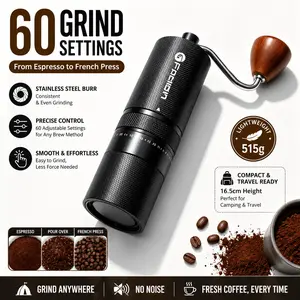 Portable Manual Coffee Grinder for Camping, 60 Adjustable Settings, Stainless Steel Burr, Smooth Hand Grinder, Ideal for Home & Camping