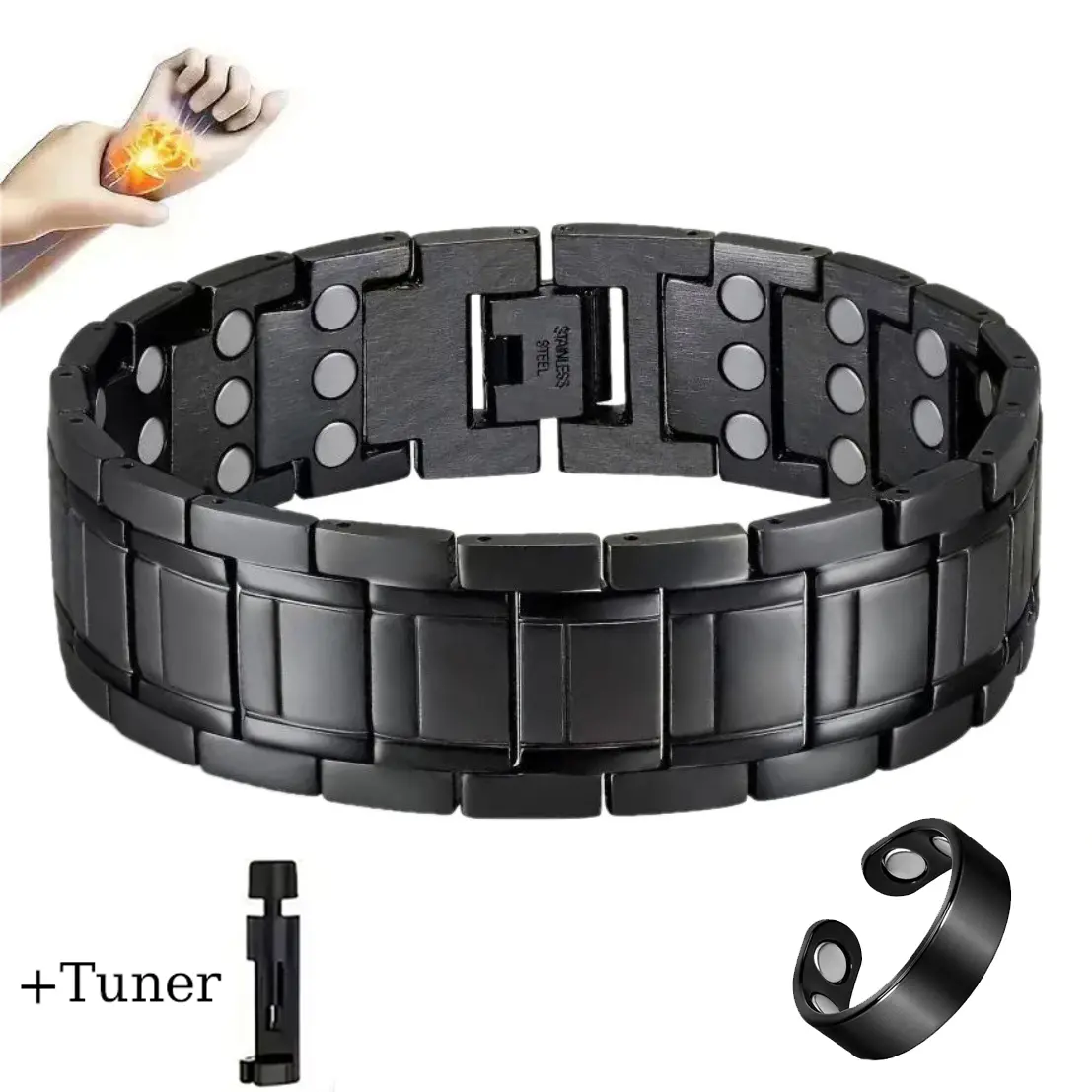 Men's 3-Row Strong Magnetic Wearable Bracelet with Lymphatic Drainage Ring Set, Adjustable Sizing Tool, Black Costume Jewelry Gift