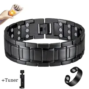Magnetic Bracelet for Men with Triple-Row Strong Magnets Lymphatic Drainage Ring Set Adjustable Sizing Tool Black Magnetic Jewelry Gift - Fitness Tracker