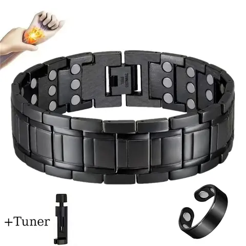 Men's 3-Row Strong Magnetic Wearable Round Bracelet Set - Lymphatic Drainage Ring, Adjustable Sizing Tool, Stylish Black Costume Jewelry, Ideal Male Gift, Unique Design