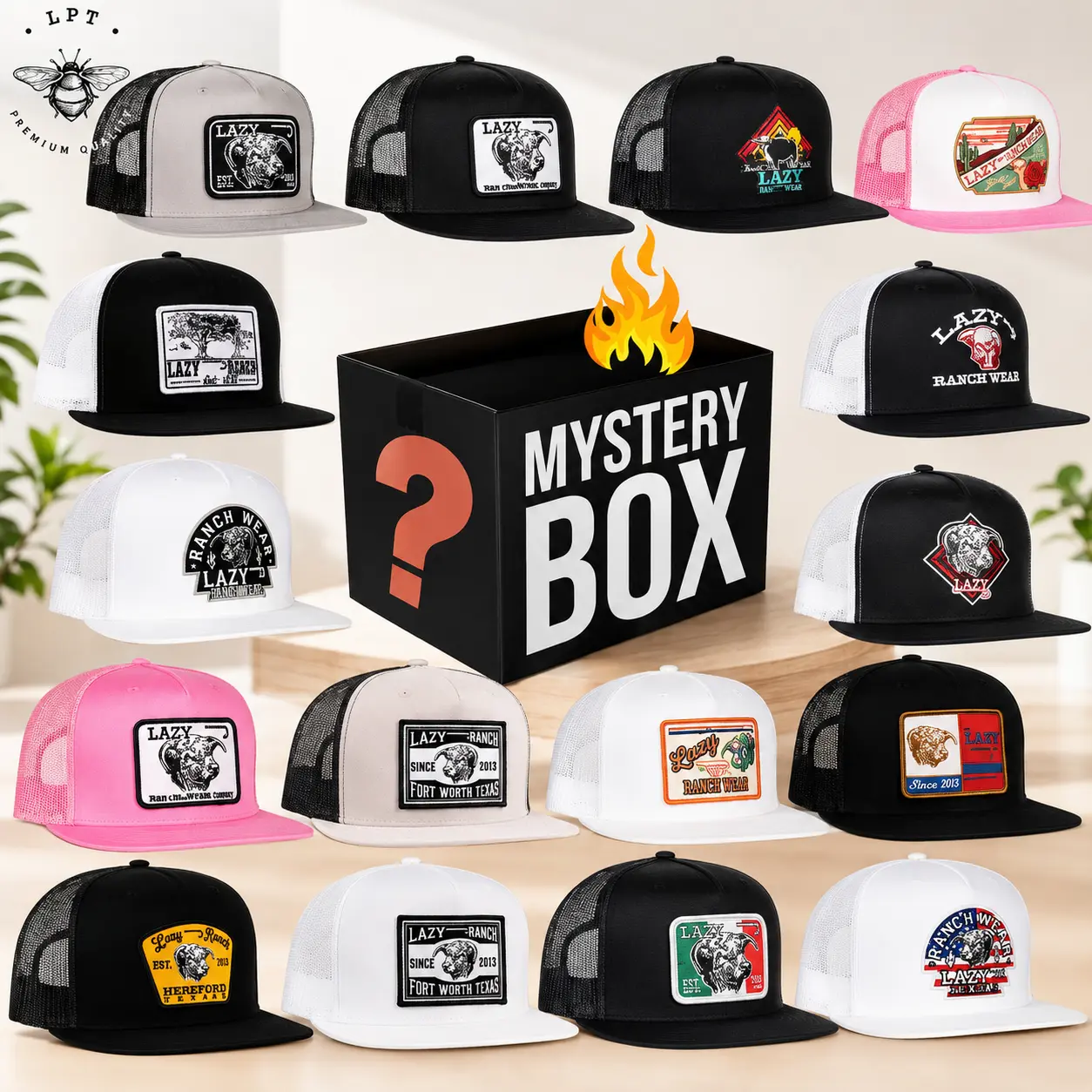Random sent Lazy J Ranch Black White Bull Trap Silver Grey & Black Elevation Arrowhead Cattle Headquarters Fort Worth Hot Shot Serape Elevation Cactus Sunrise Texas Ranch Retro Hereford Mexico Elevation Classic Five Panel Trucker Hat