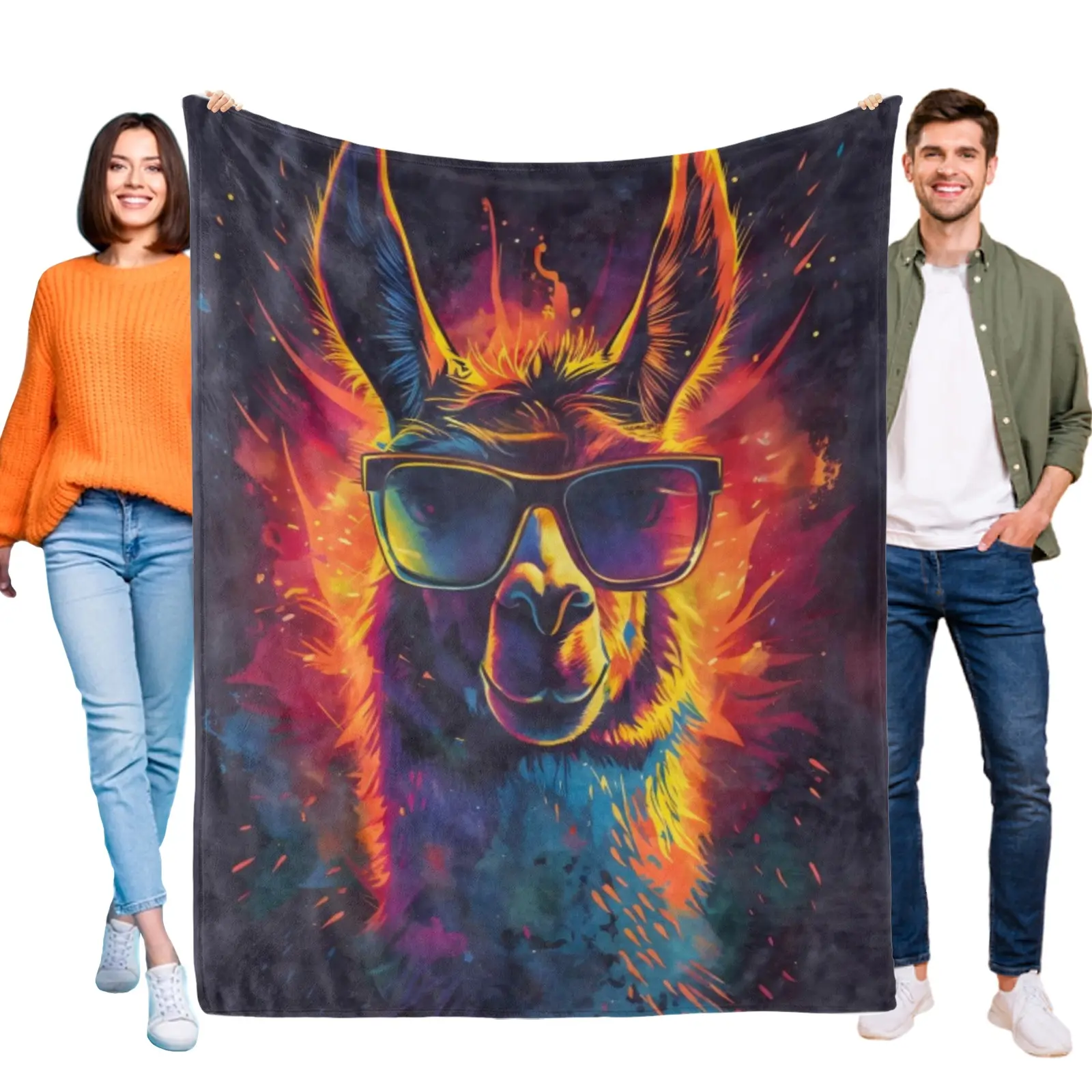 Neon Llama with Sunglasses Blanket, Trendy Psychedelic Design, Ideal for Modern Bedroom Decor